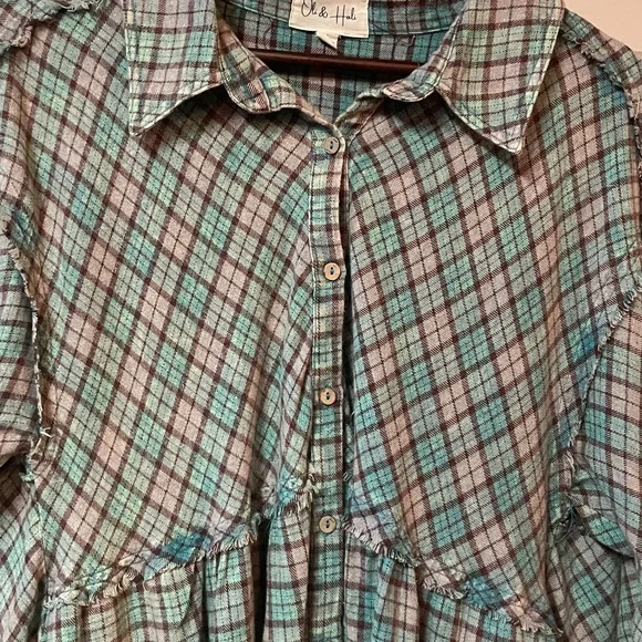 Oli & Hali Back Tiered Check Plaid Tunic High Low Dress Mint Green Boho Size L. - Picture 3 of 9